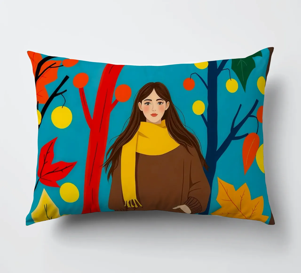 Donna che cammina in una foresta d'autunno cuscino da ARTOMATIC