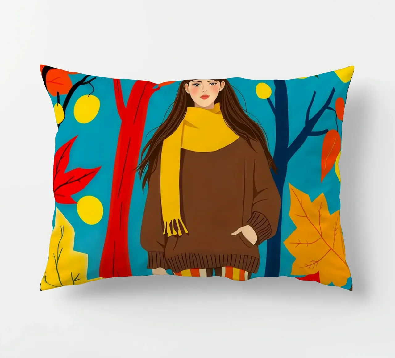 Donna che cammina in una foresta d'autunno cuscino da ARTOMATIC