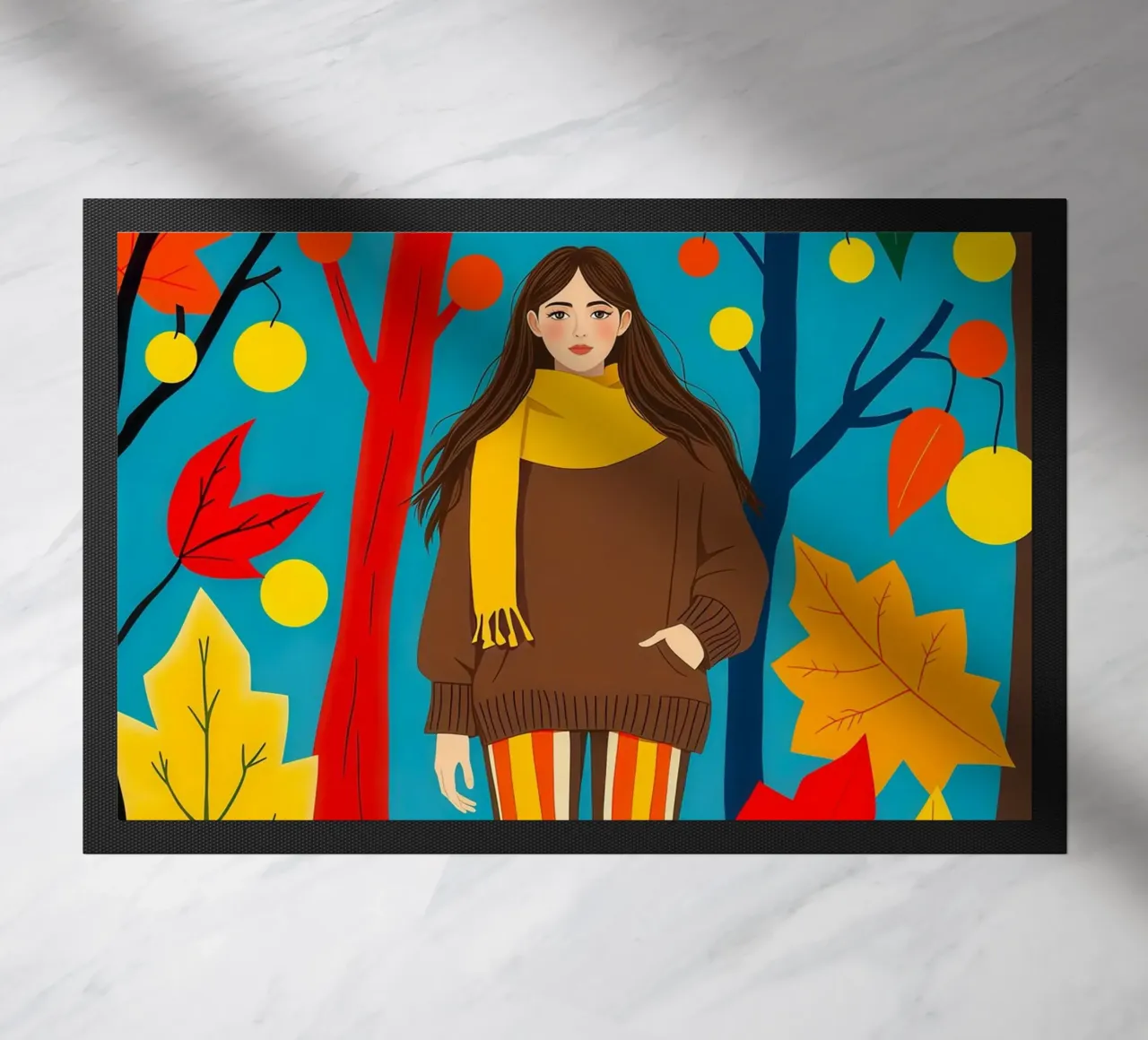 Donna che cammina in una foresta d'autunno zerbino da ARTOMATIC