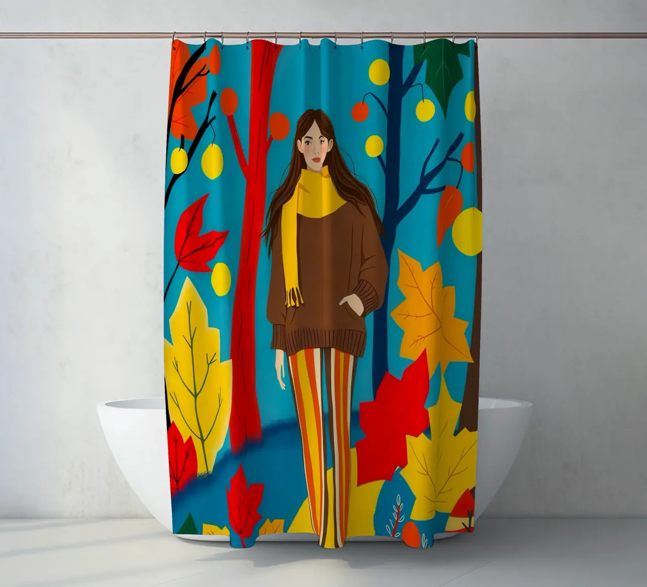 Donna che cammina in una foresta d'autunno tenda da doccia da ARTOMATIC