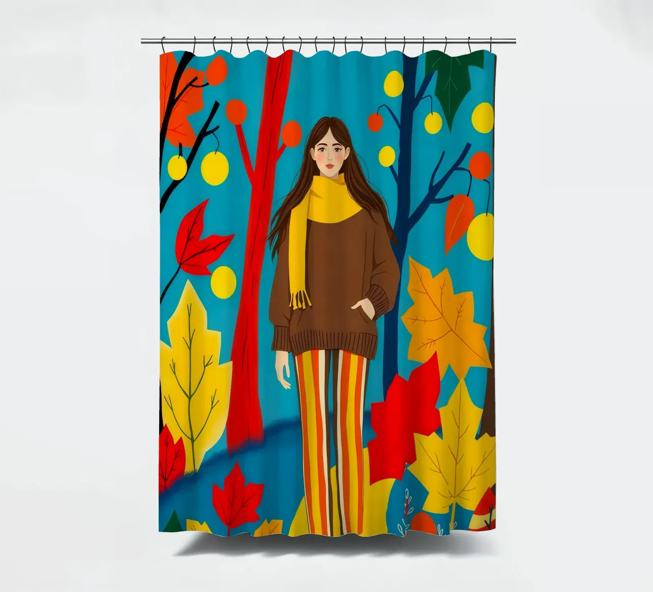Donna che cammina in una foresta d'autunno tenda da doccia da ARTOMATIC