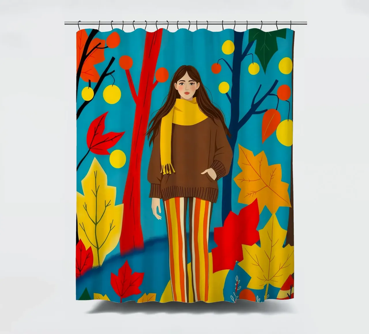 Donna che cammina in una foresta d'autunno tenda da doccia da ARTOMATIC