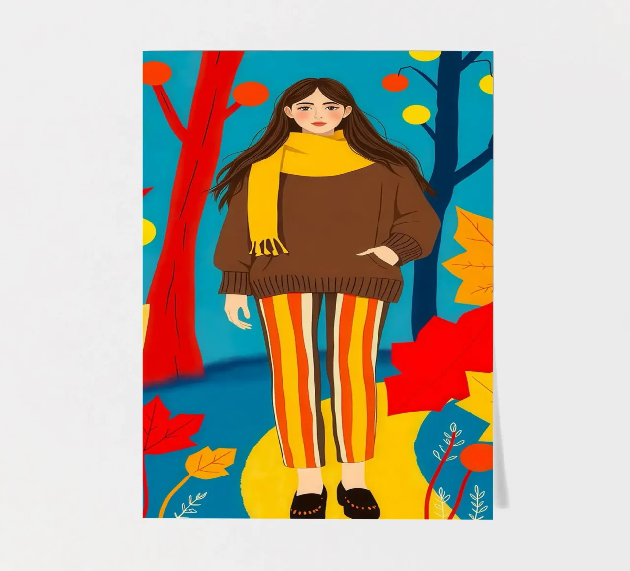Donna che cammina in una foresta d'autunno foglio adesivo da ARTOMATIC