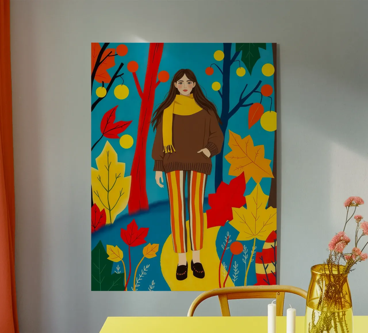 Donna che cammina in una foresta d'autunno plexiglass da ARTOMATIC