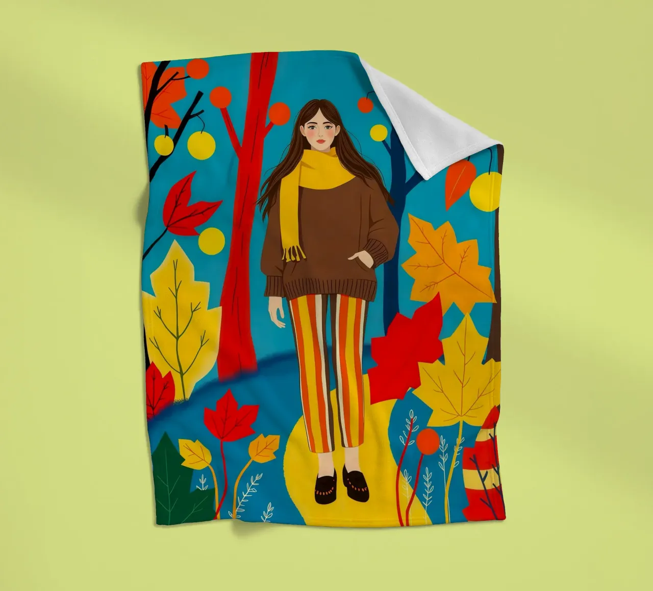 Donna che cammina in una foresta d'autunno coperta in pile da ARTOMATIC