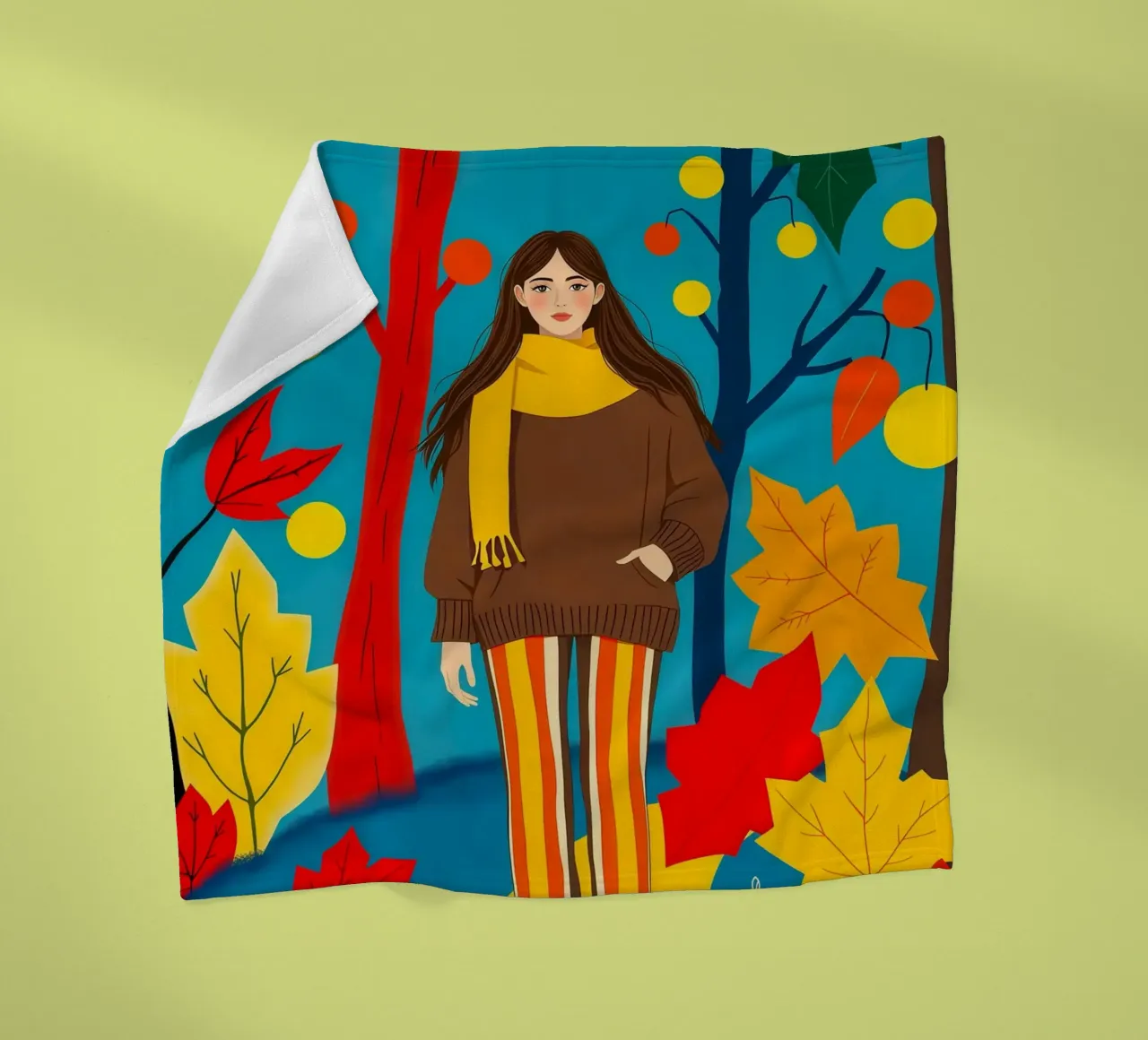 Donna che cammina in una foresta d'autunno coperta in pile da ARTOMATIC