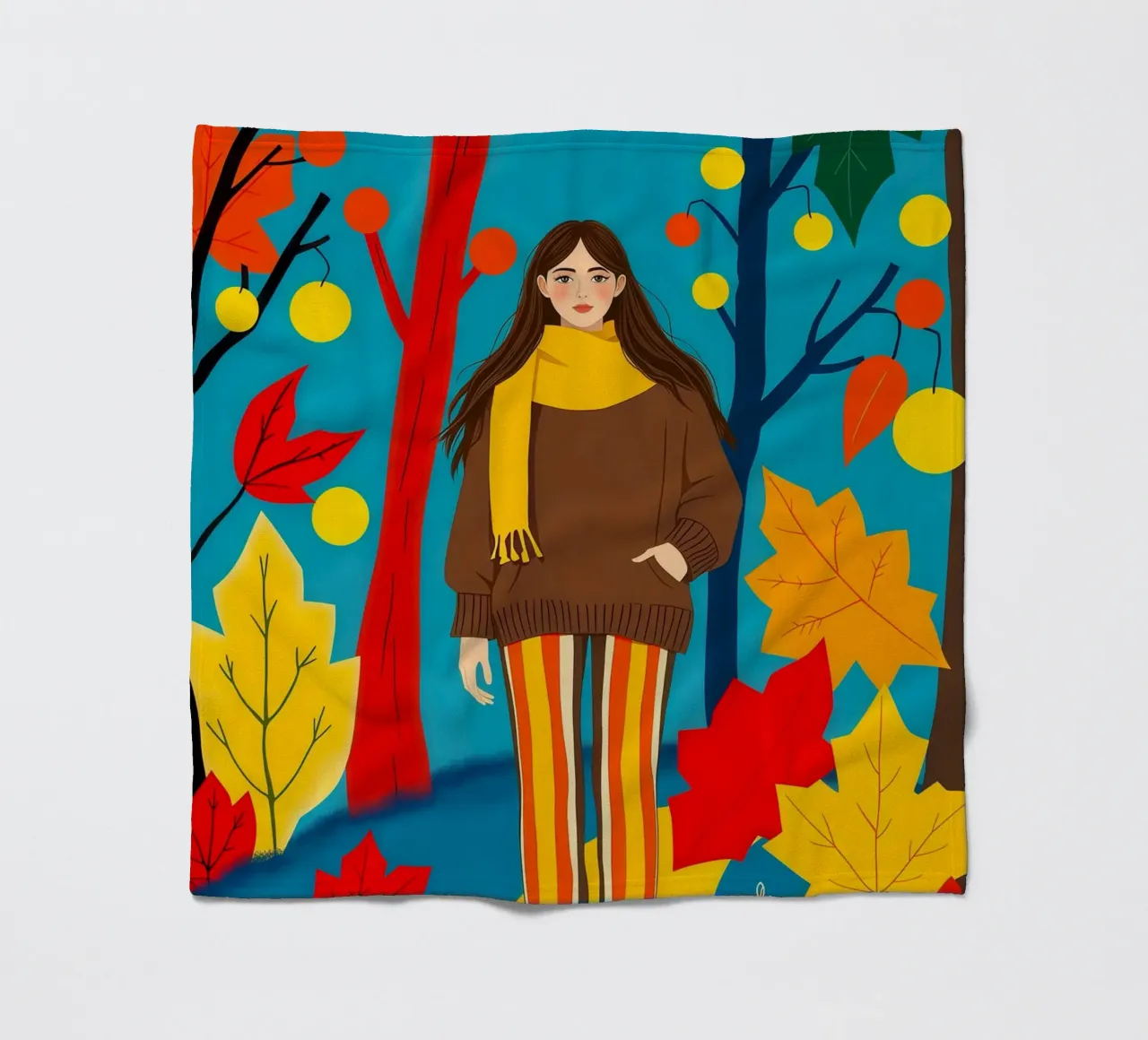 Donna che cammina in una foresta d'autunno coperta in pile da ARTOMATIC