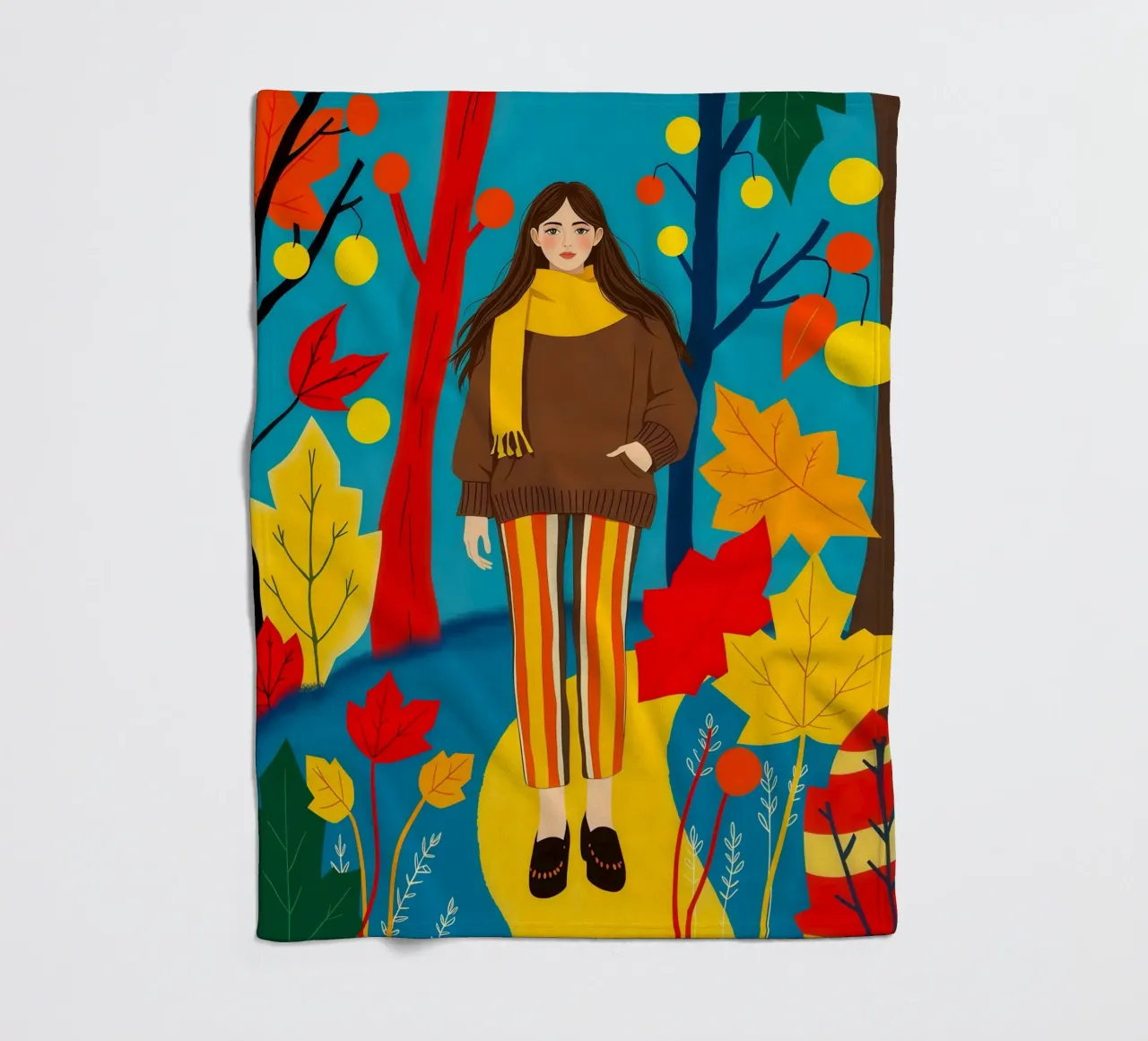 Donna che cammina in una foresta d'autunno coperta in pile da ARTOMATIC