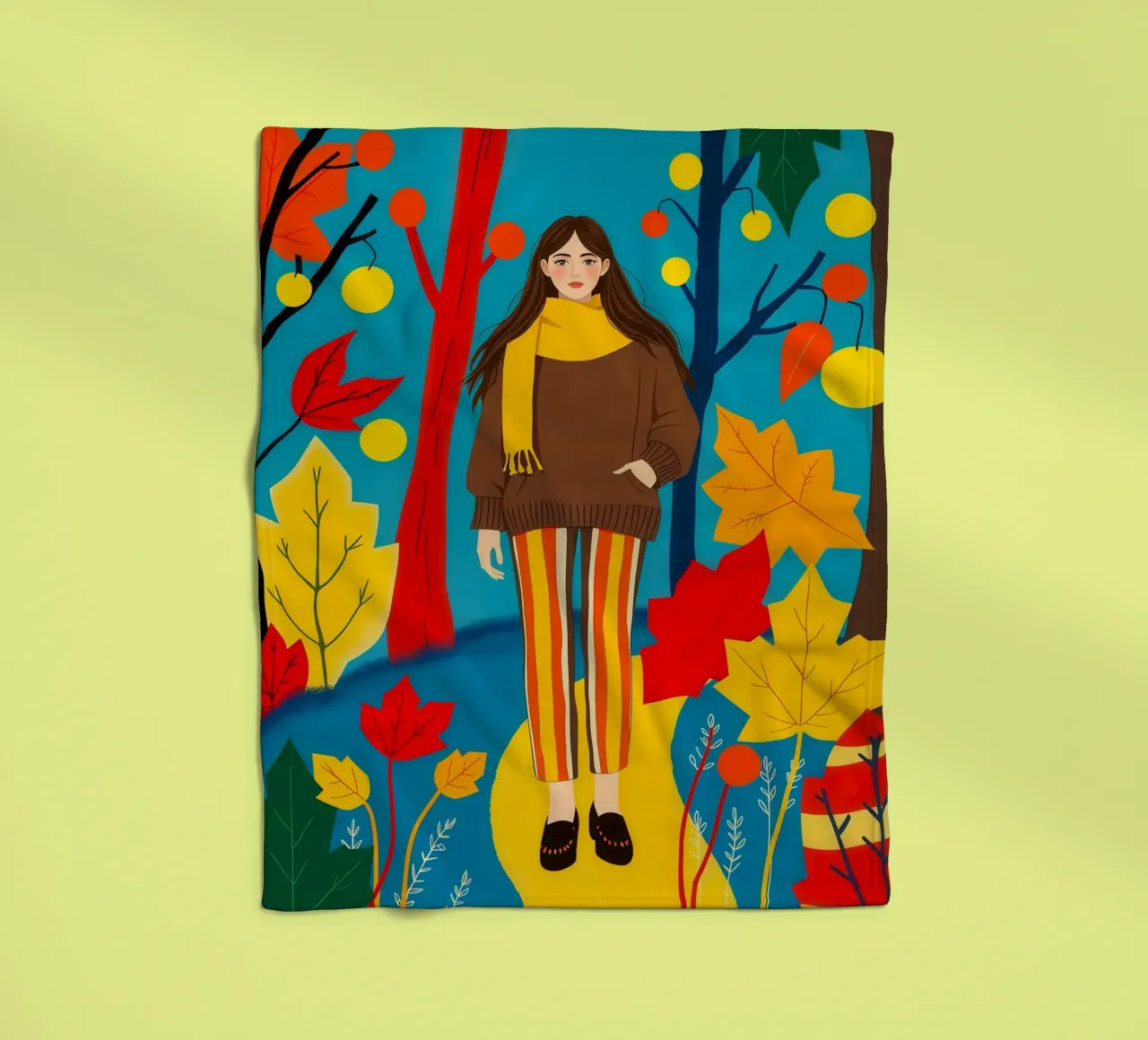 Donna che cammina in una foresta d'autunno coperta in pile da ARTOMATIC