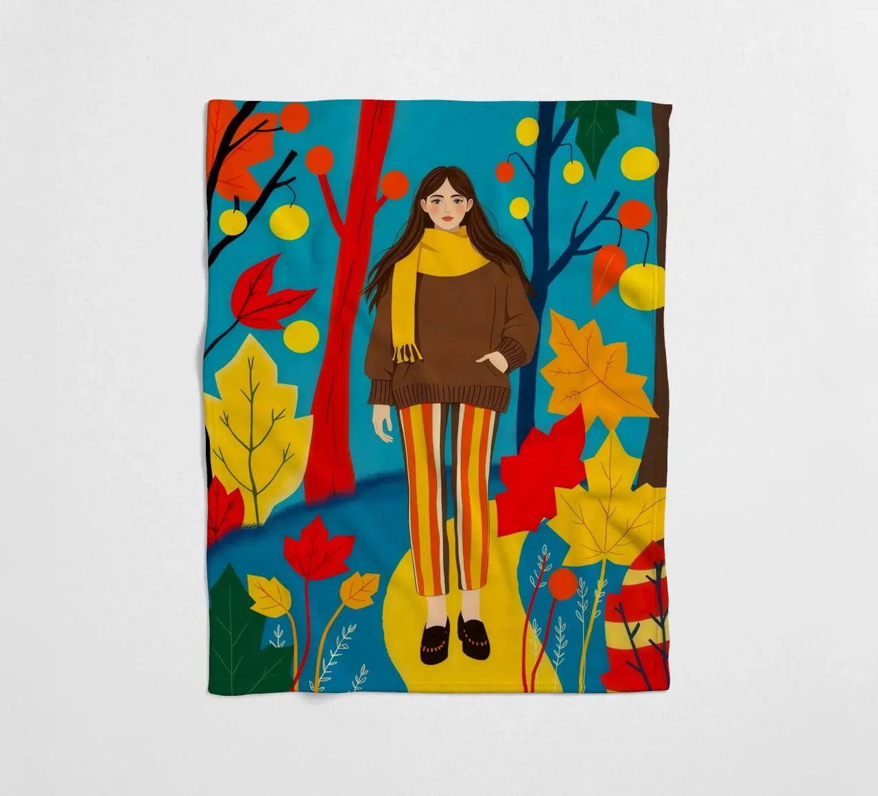 Donna che cammina in una foresta d'autunno coperta in pile da ARTOMATIC
