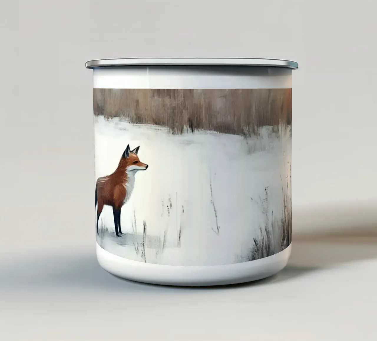 Volpe invernale nella foresta tazza in smalto da Studio Vibe