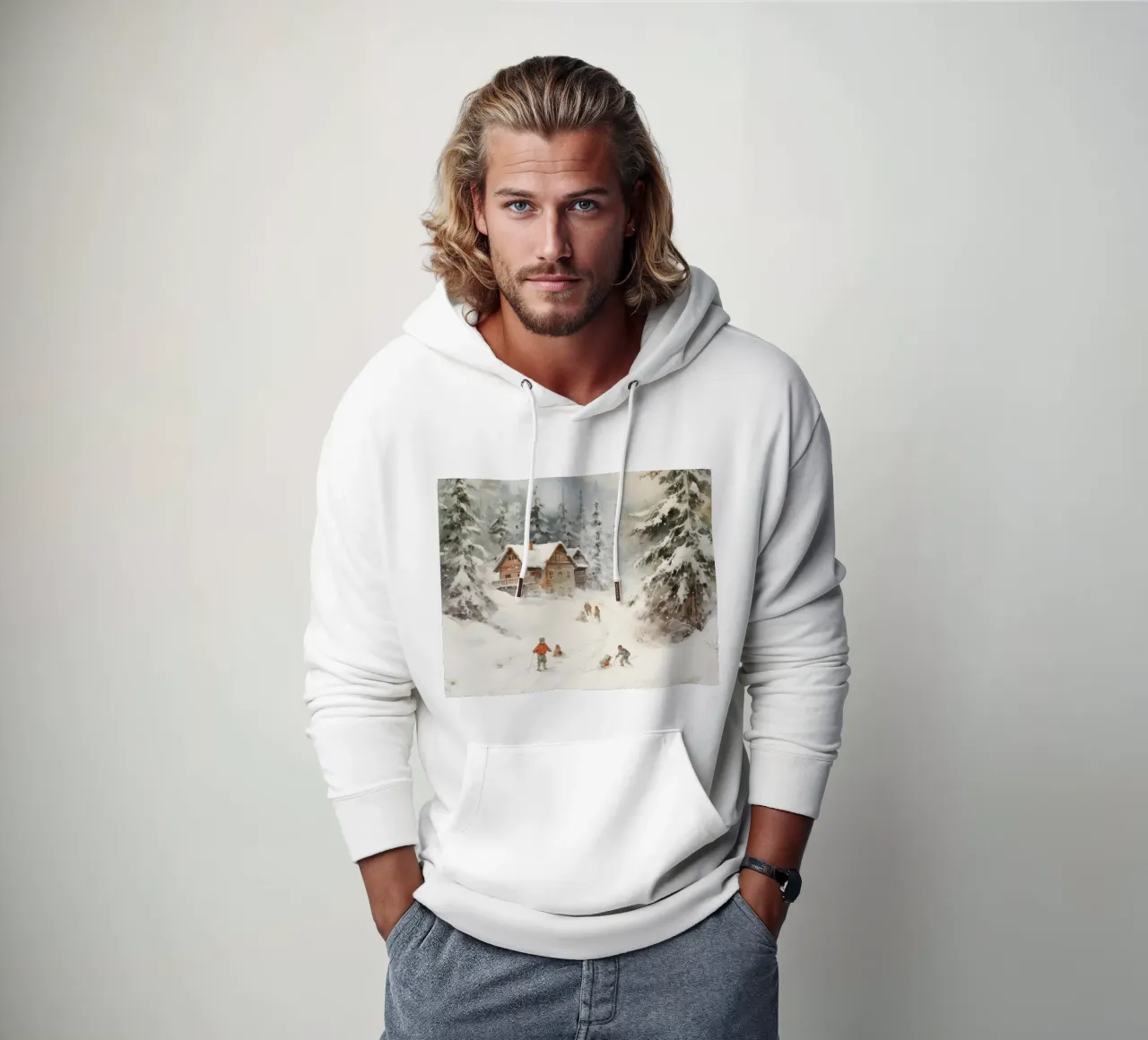 Rifugio invernale con sciatori felpa con cappuccio da Studio Vibe