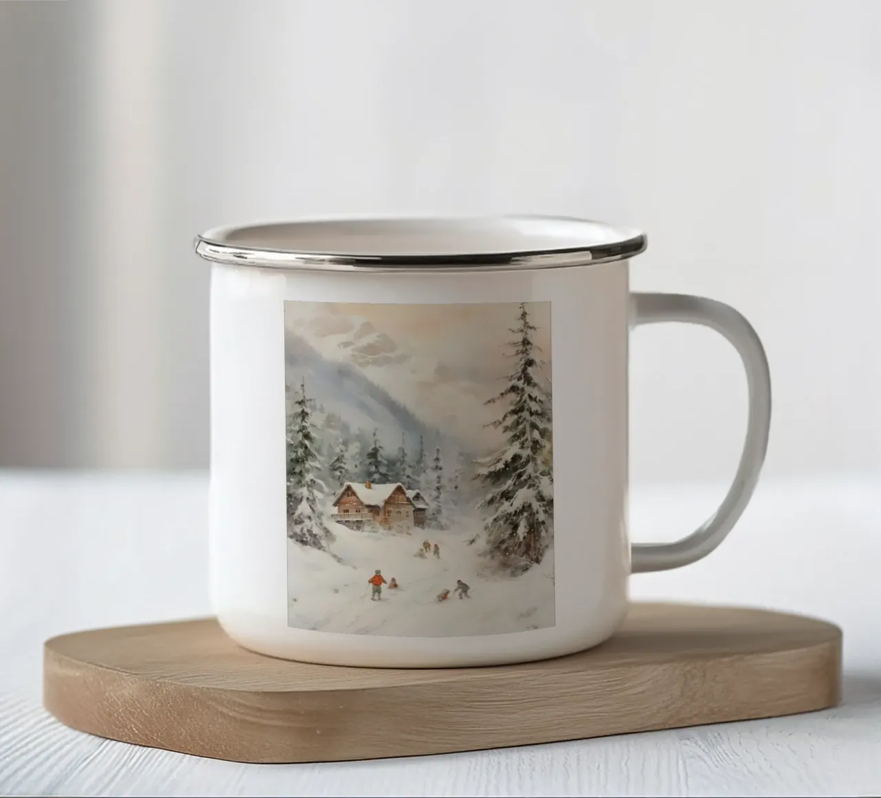 Rifugio invernale con sciatori tazza in smalto da Studio Vibe