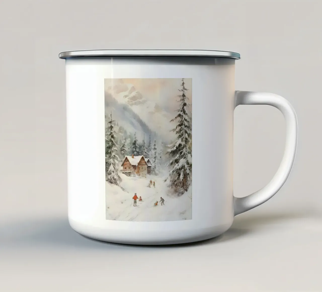 Rifugio invernale con sciatori tazza in smalto da Studio Vibe