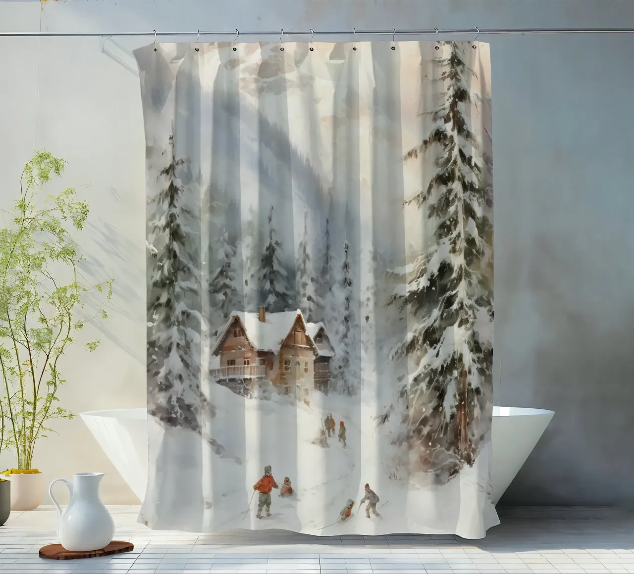 Rifugio invernale con sciatori tenda da doccia da Studio Vibe