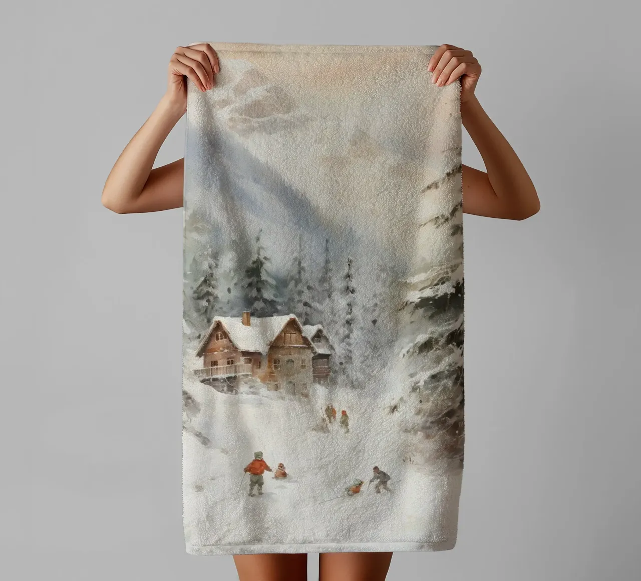 Rifugio invernale con sciatori asciugamano da bagno da Studio Vibe