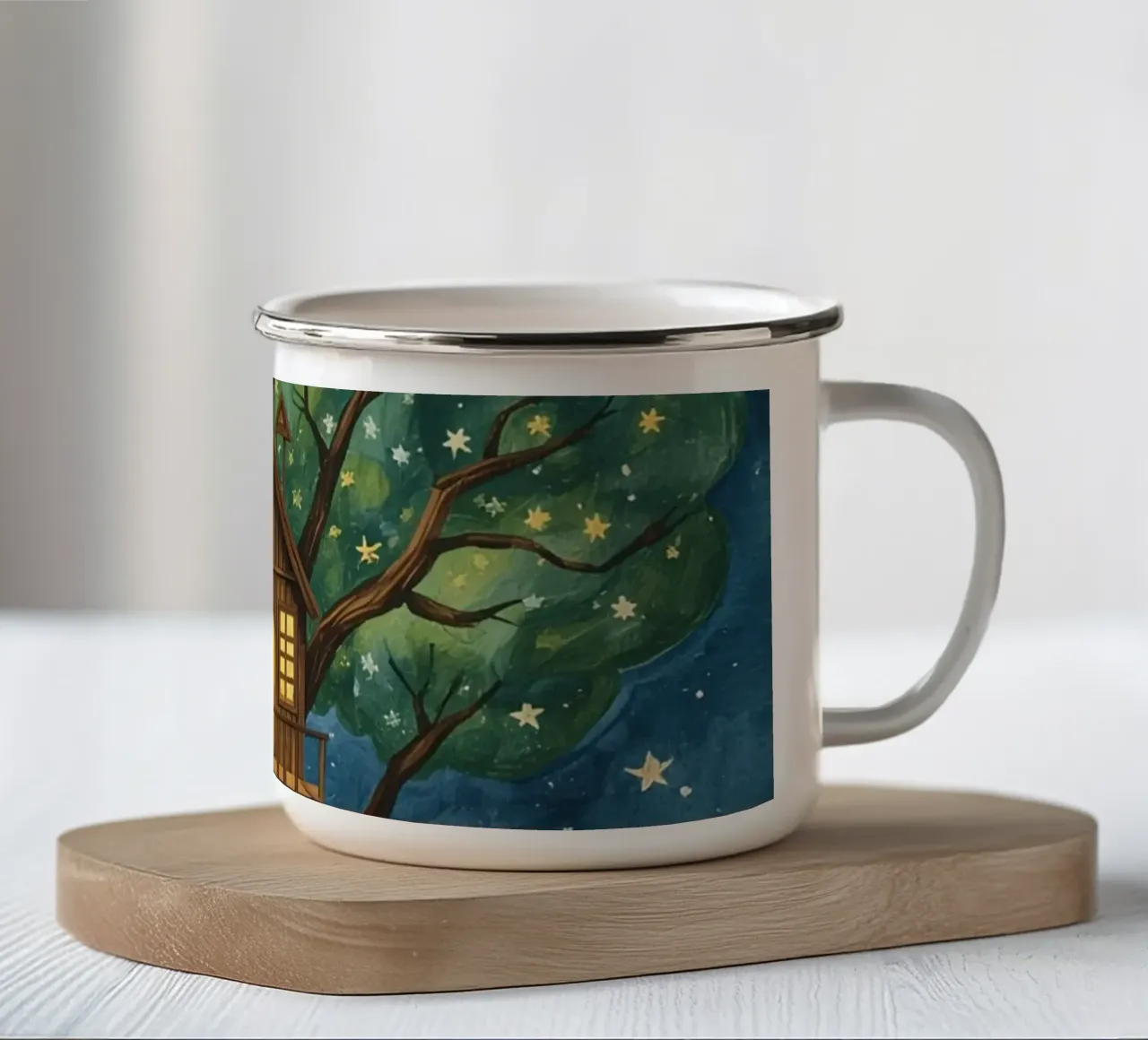 Casa sull'albero nel cielo stellato tazza in smalto da DesignDoodle