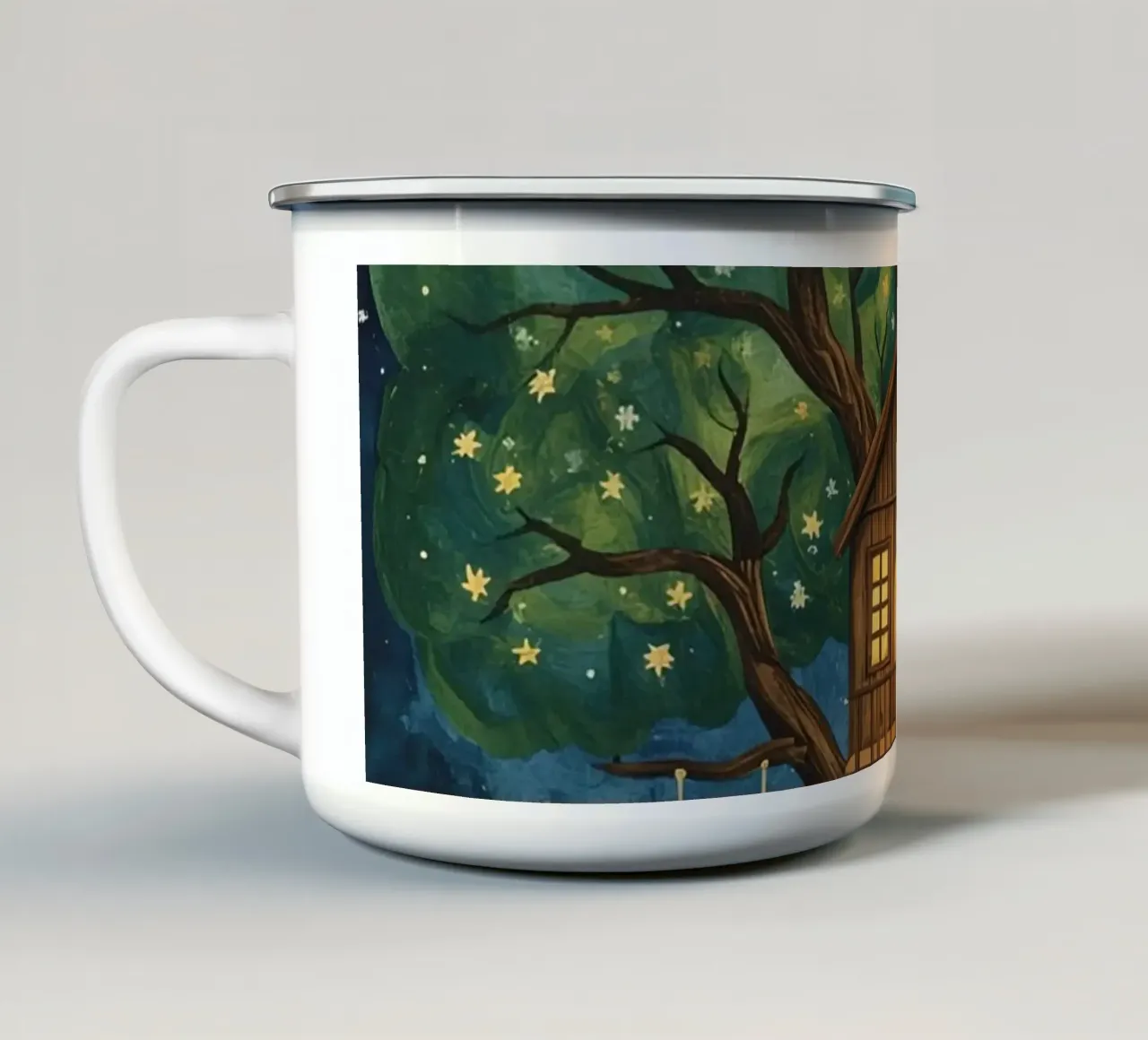 Casa sull'albero nel cielo stellato tazza in smalto da DesignDoodle