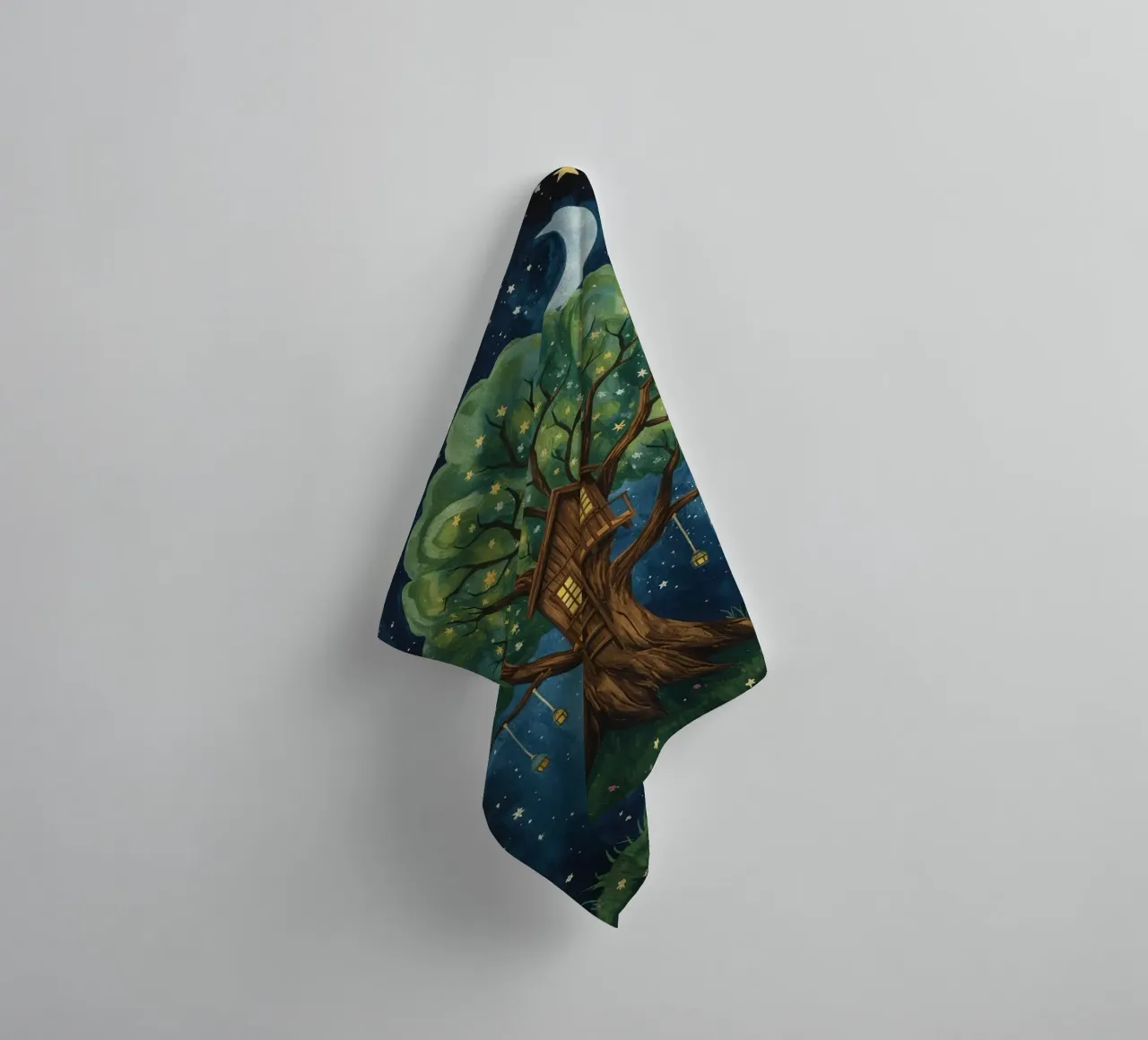 Treehouse in Starry Night Sky towel by DesignDoodle