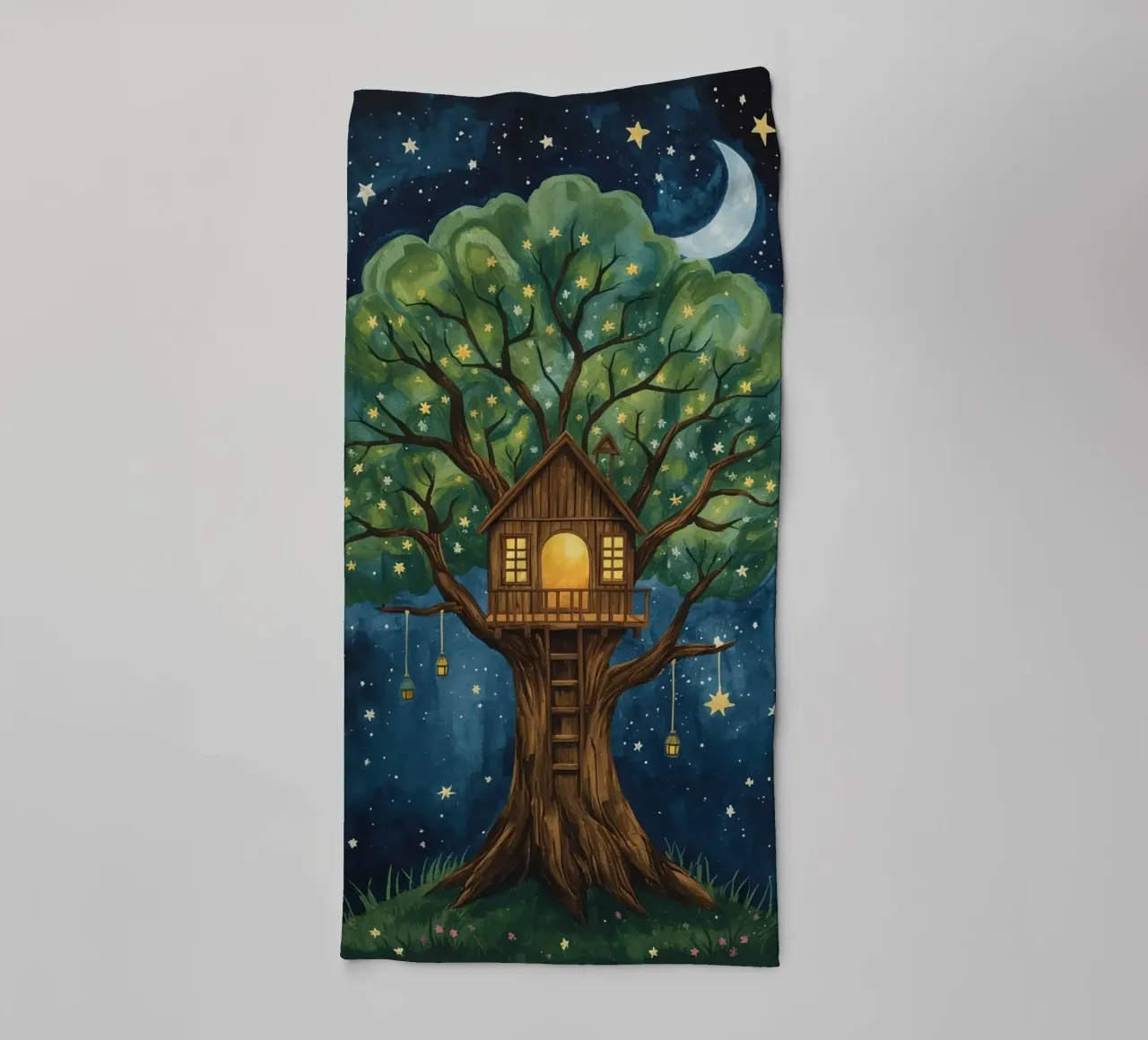 Treehouse in Starry Night Sky towel by DesignDoodle