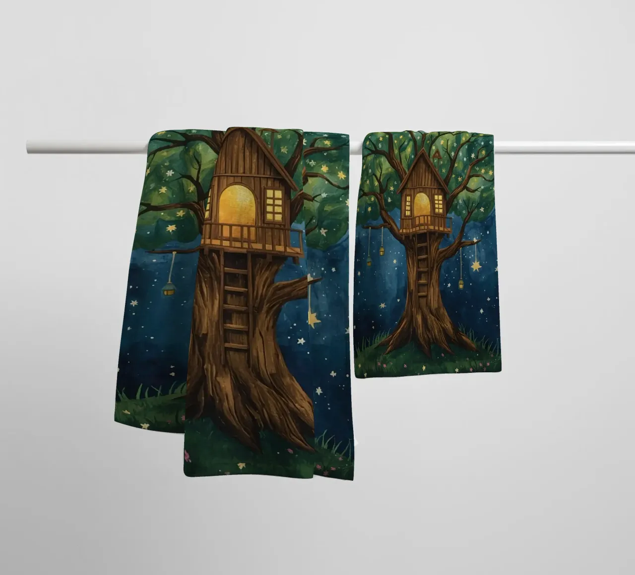 Treehouse in Starry Night Sky towel by DesignDoodle
