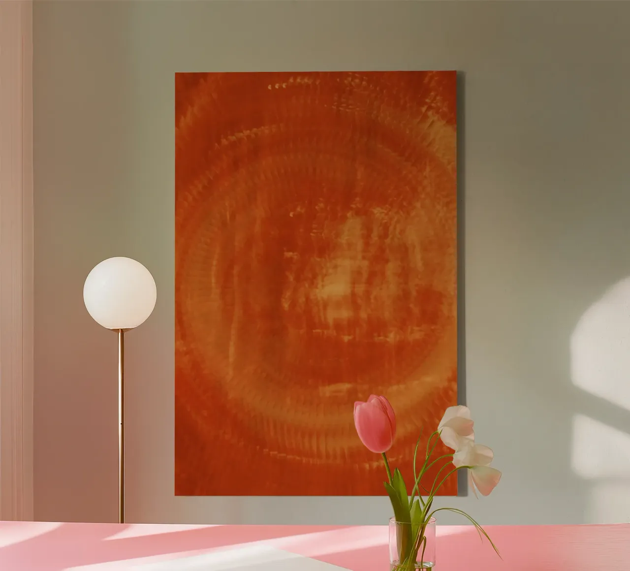 Abstraktes dynamisches Muster in orange und rot. Leinwand von Something for you