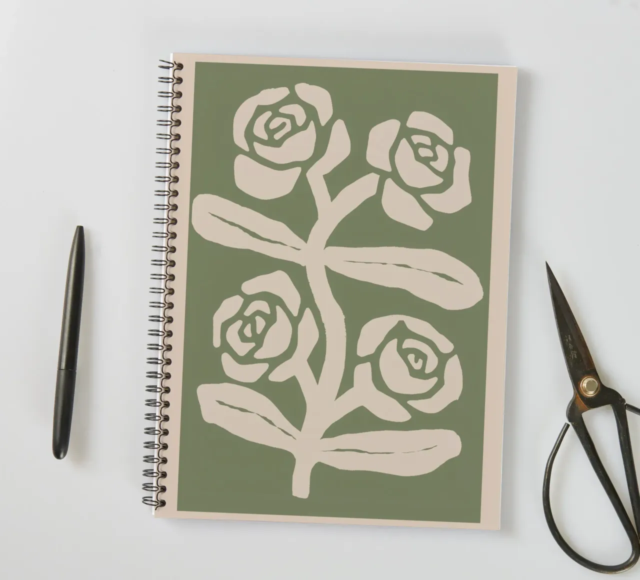 Sage Green Abstract Rose Botanical Print spiral notebook by Melloi Art Print