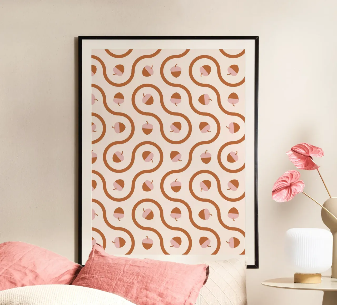 Ghiande ondulate in piastrelle Truchet di colore rosa e marrone su sfondo chiaro poster da CoelfenArt