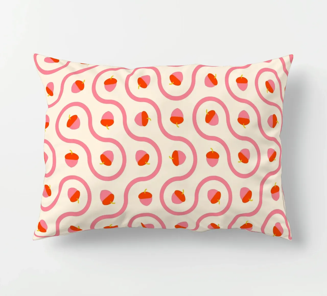 Ghiande rosa e rosse con linee ondulate su crema chiaro cuscino da CoelfenArt