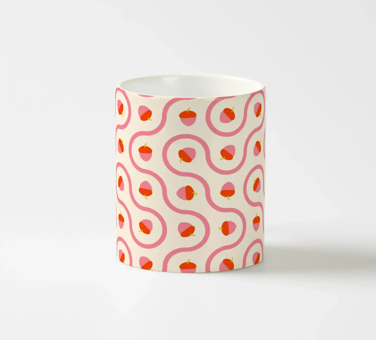 Ghiande rosa e rosse con linee ondulate su crema chiaro tazza in ceramica da CoelfenArt
