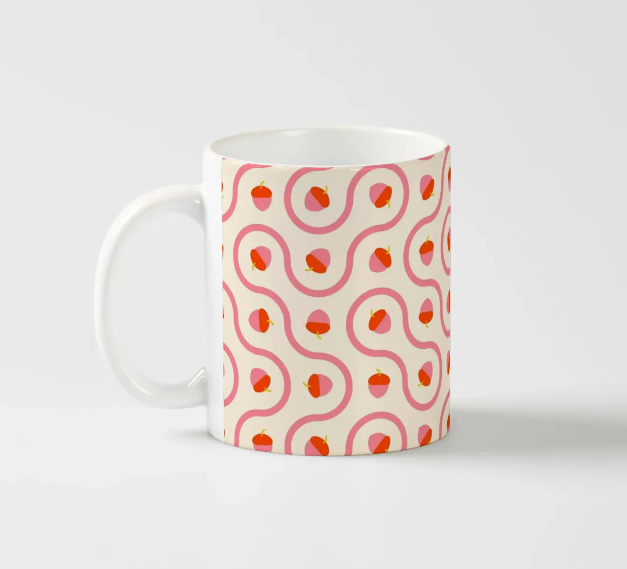 Ghiande rosa e rosse con linee ondulate su crema chiaro tazza in ceramica da CoelfenArt
