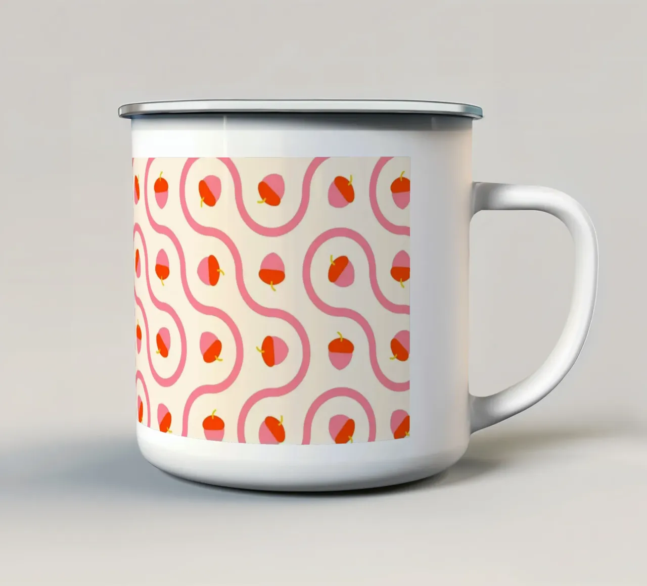Ghiande rosa e rosse con linee ondulate su crema chiaro tazza in smalto da CoelfenArt