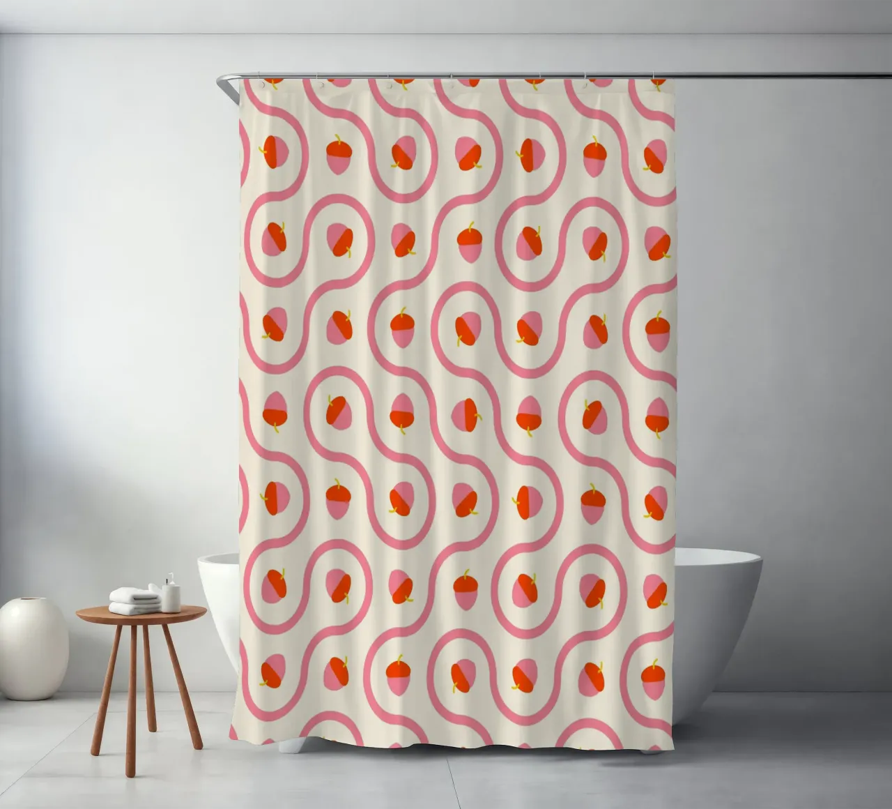 Ghiande rosa e rosse con linee ondulate su crema chiaro tenda da doccia da CoelfenArt