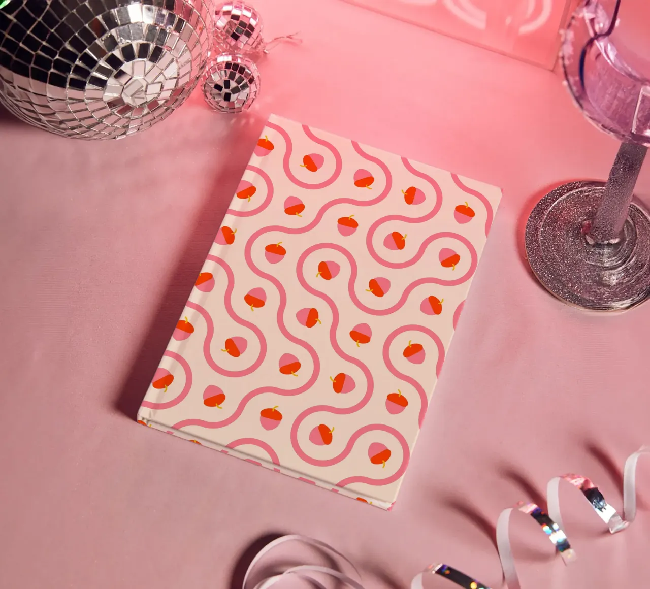 Pink and Red Acorns with Wavy Lines on Light Cream notebook by CoelfenArt