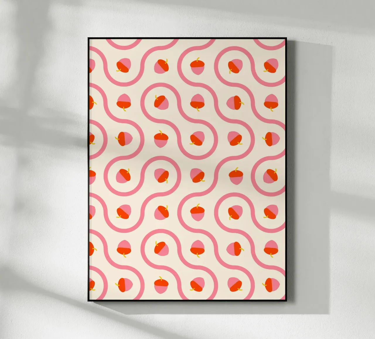 Ghiande rosa e rosse con linee ondulate su crema chiaro plexiglass da CoelfenArt