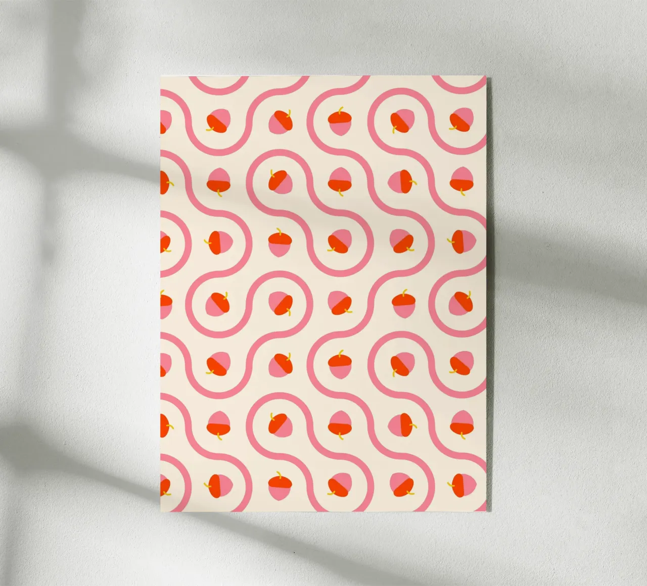 Ghiande rosa e rosse con linee ondulate su crema chiaro plexiglass da CoelfenArt