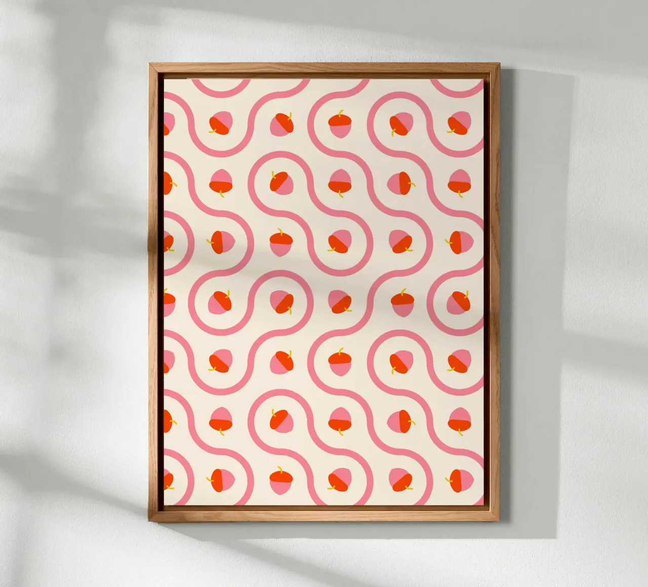Ghiande rosa e rosse con linee ondulate su crema chiaro alluminio dibond da CoelfenArt
