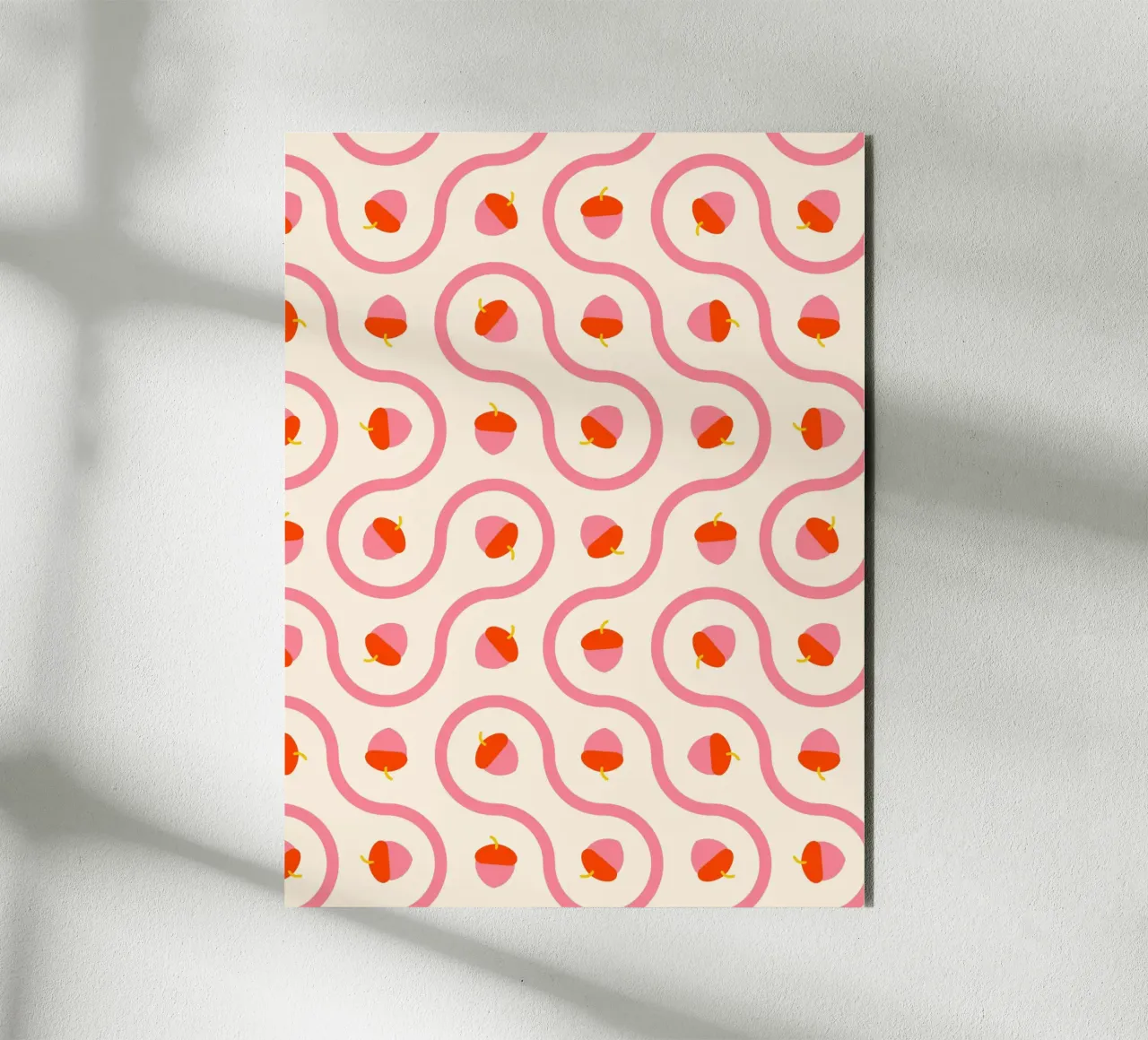 Ghiande rosa e rosse con linee ondulate su crema chiaro alluminio dibond da CoelfenArt