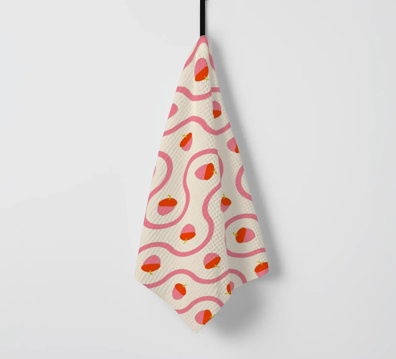 Ghiande rosa e rosse con linee ondulate su crema chiaro canovaccio da cucina da CoelfenArt