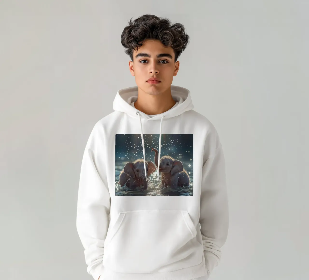 Due cuccioli di elefante che giocano in acqua felpa con cappuccio da DesignDoodle