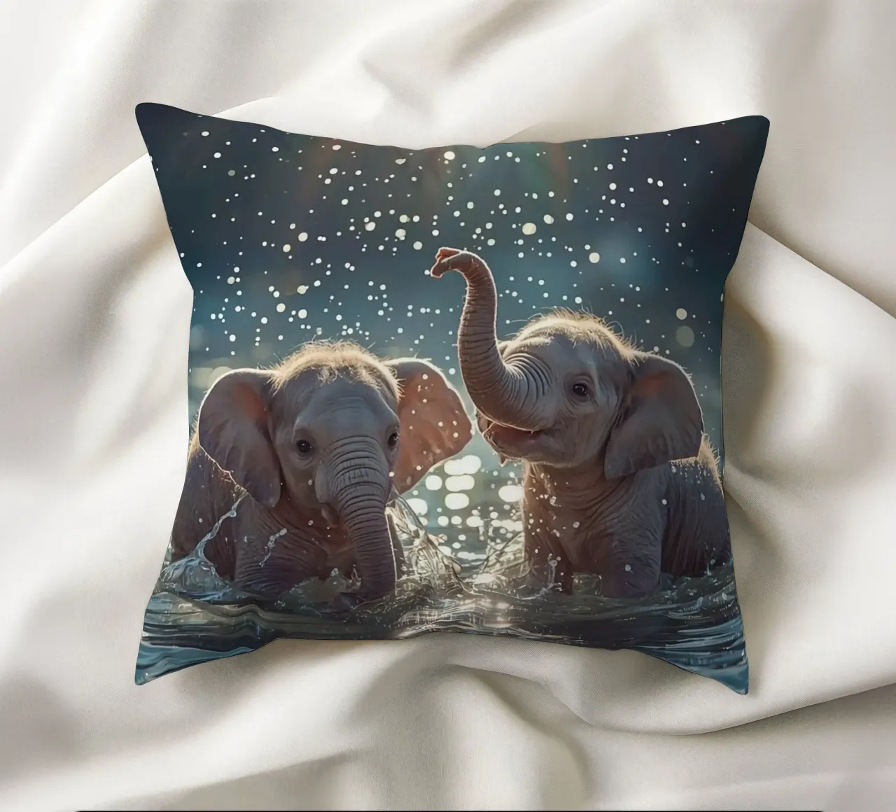 Due cuccioli di elefante che giocano in acqua cuscino da DesignDoodle
