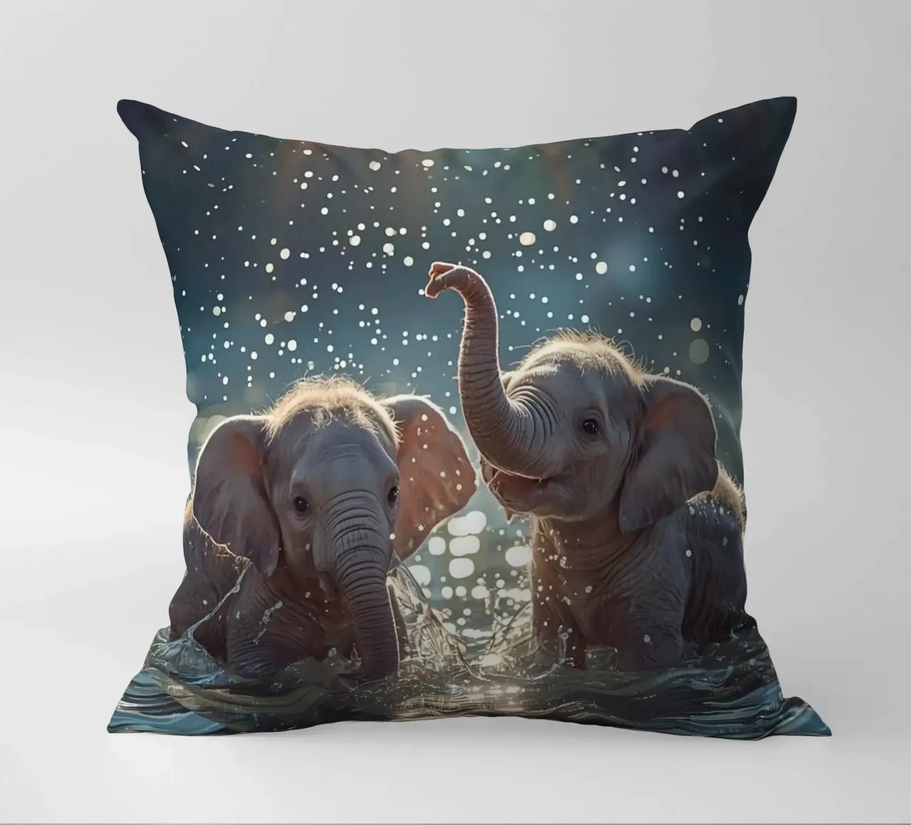 Due cuccioli di elefante che giocano in acqua cuscino da DesignDoodle