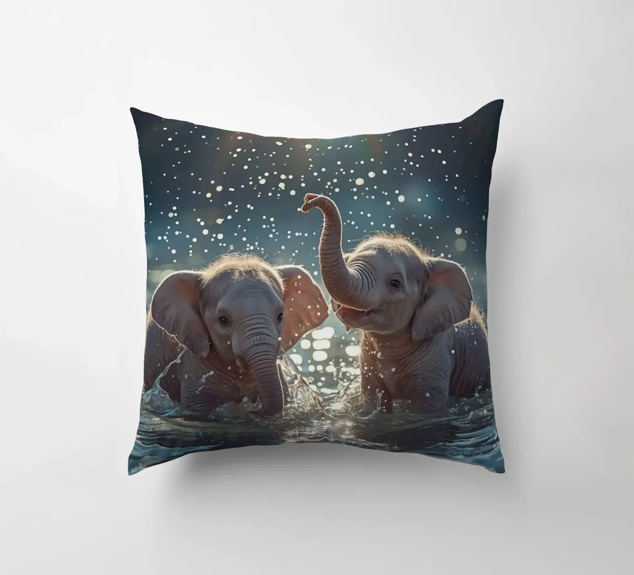 Due cuccioli di elefante che giocano in acqua cuscino da DesignDoodle