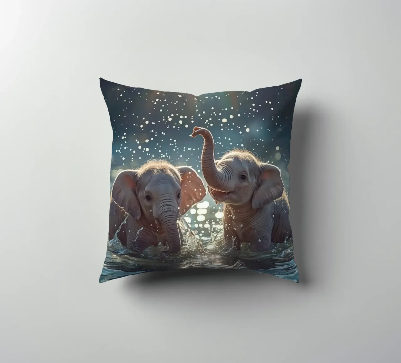 Due cuccioli di elefante che giocano in acqua cuscino da DesignDoodle