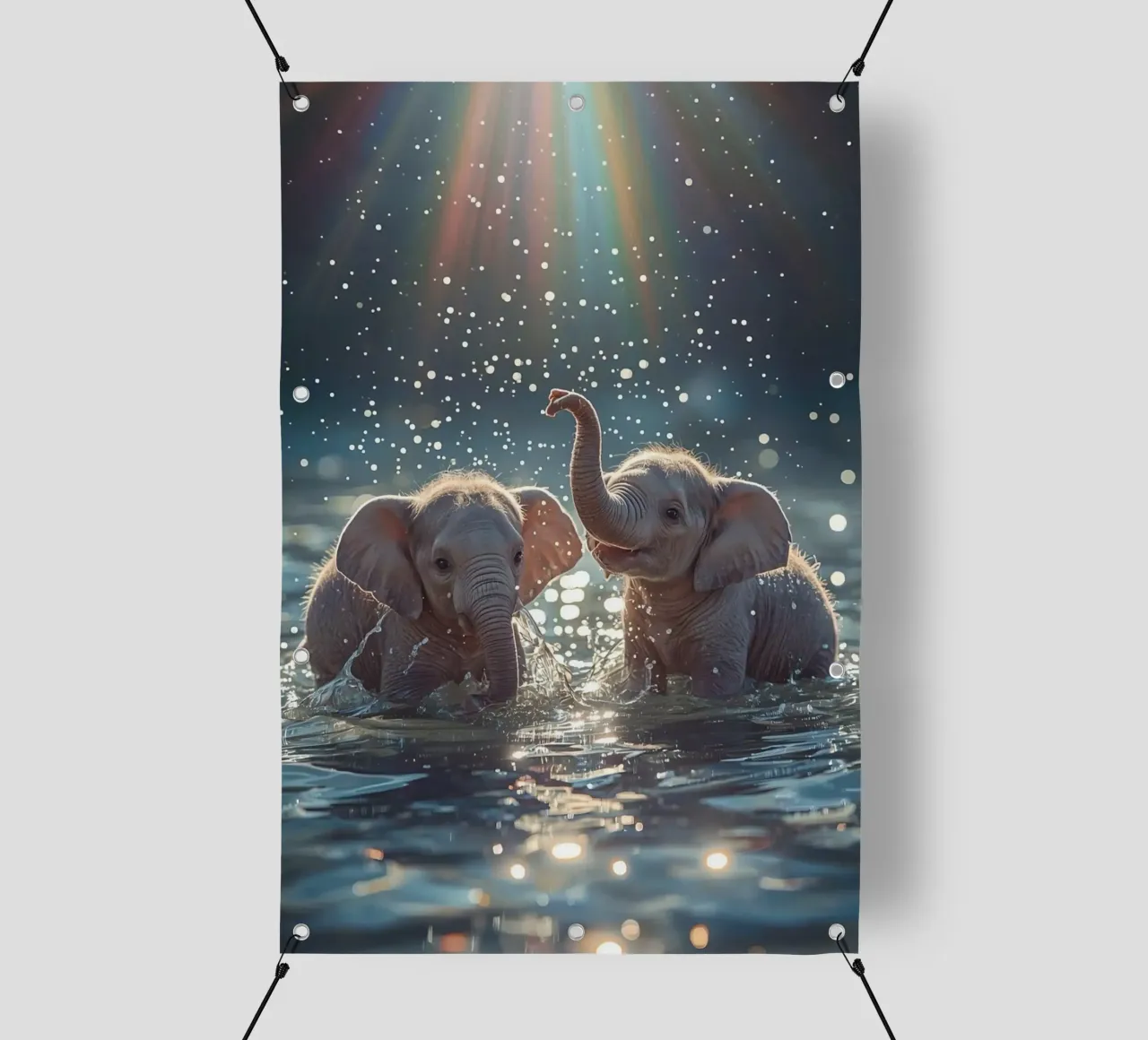 Due cuccioli di elefante che giocano in acqua telo in pvc da DesignDoodle