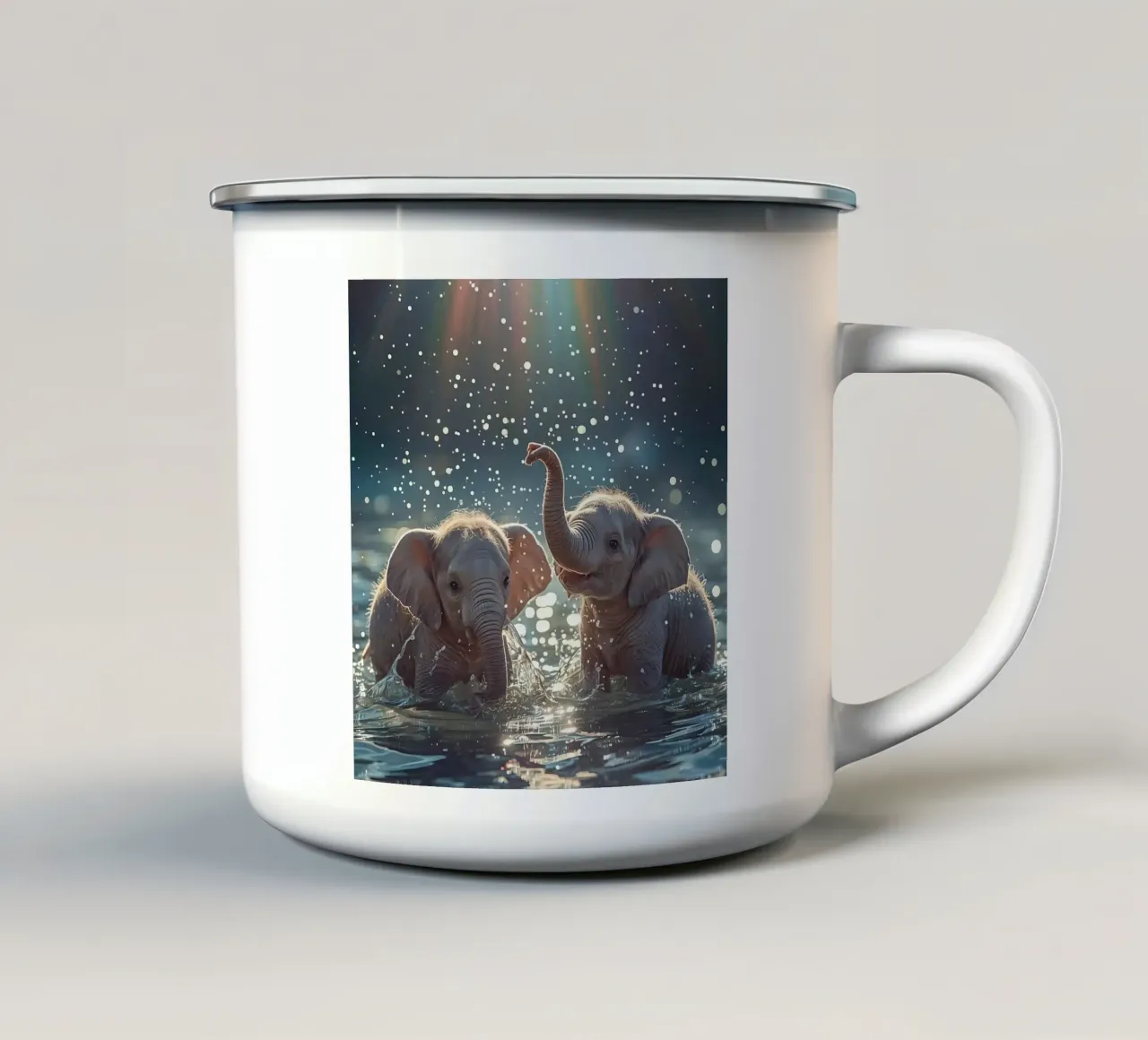 Due cuccioli di elefante che giocano in acqua tazza in smalto da DesignDoodle