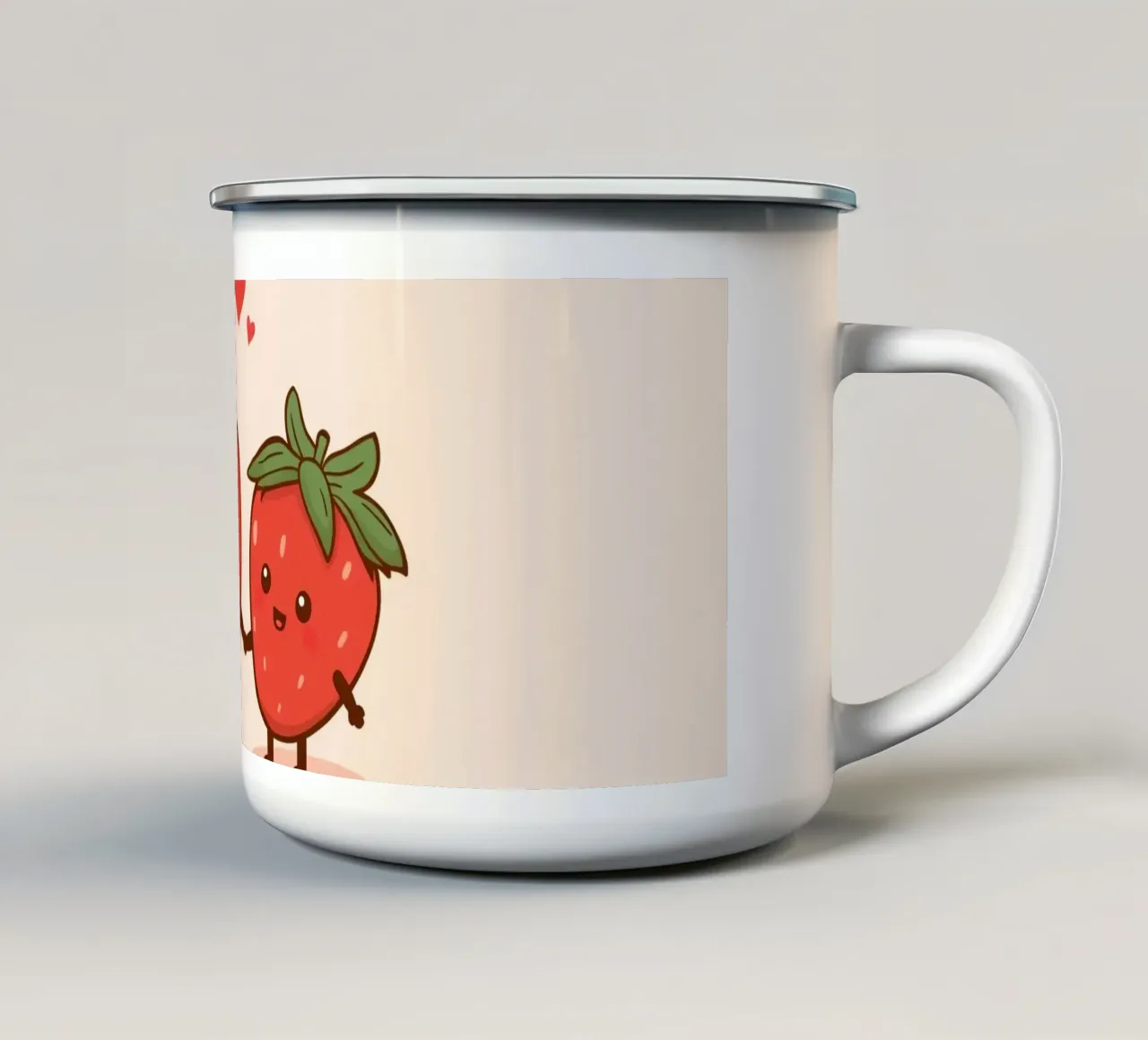 Carino cartone animato fragole che si tengono per mano con cuori sopra tazza in smalto da DesignDoodle
