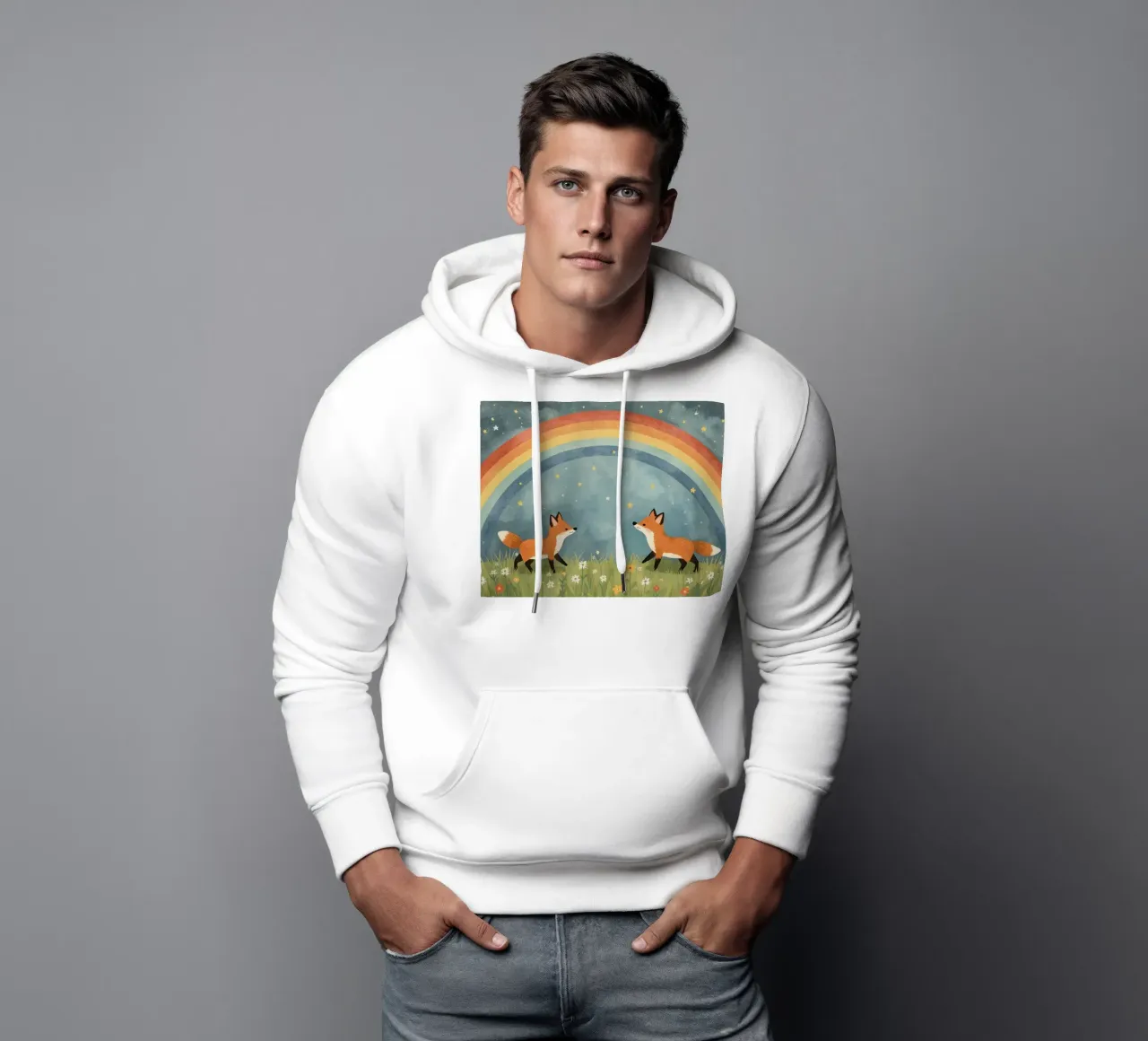 Dos lindos zorros felices bajo el arco iris y las estrellas sudadera con capucha de DesignDoodle