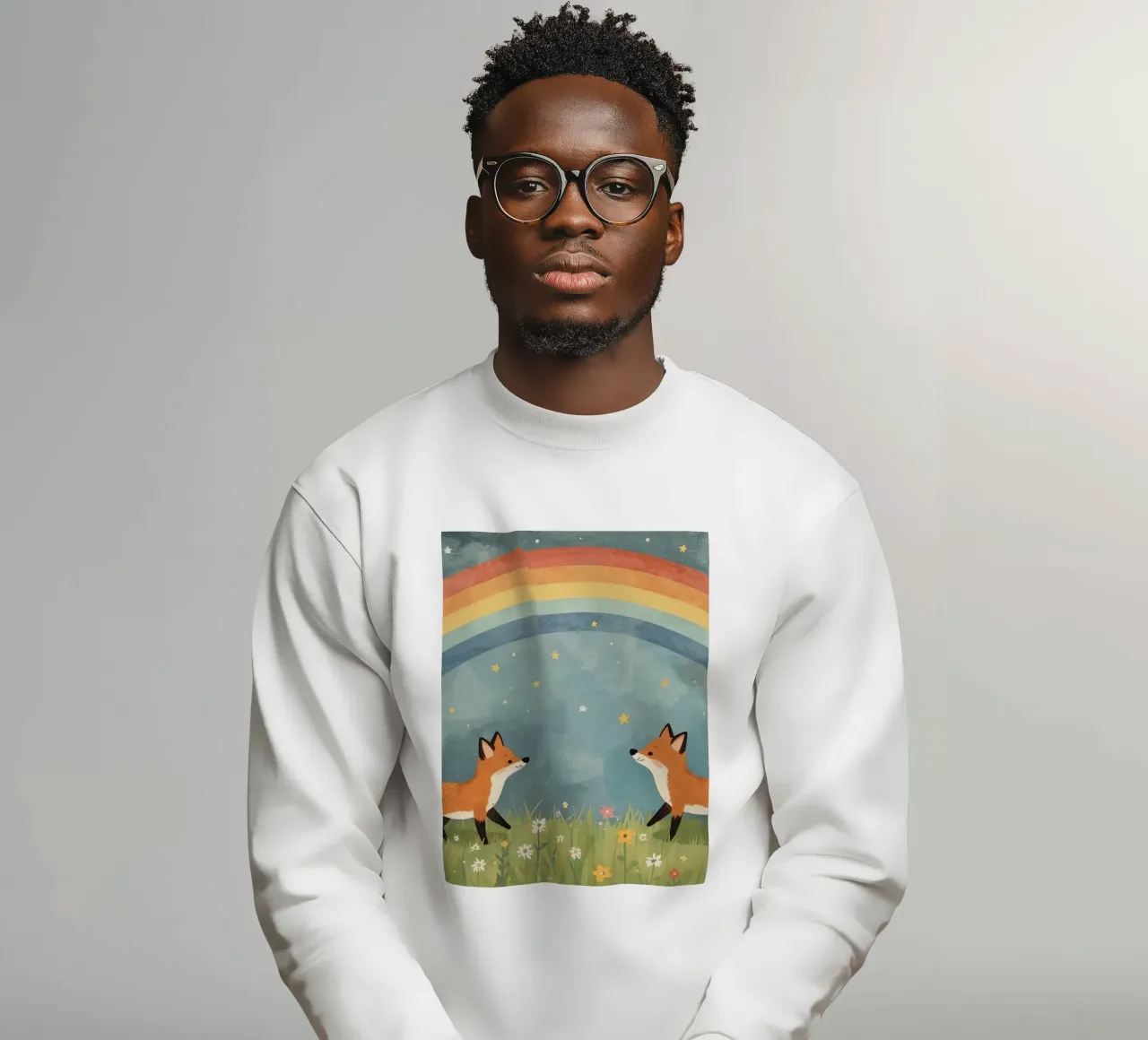 Dos lindos zorros felices bajo el arco iris y las estrellas sudadera de DesignDoodle