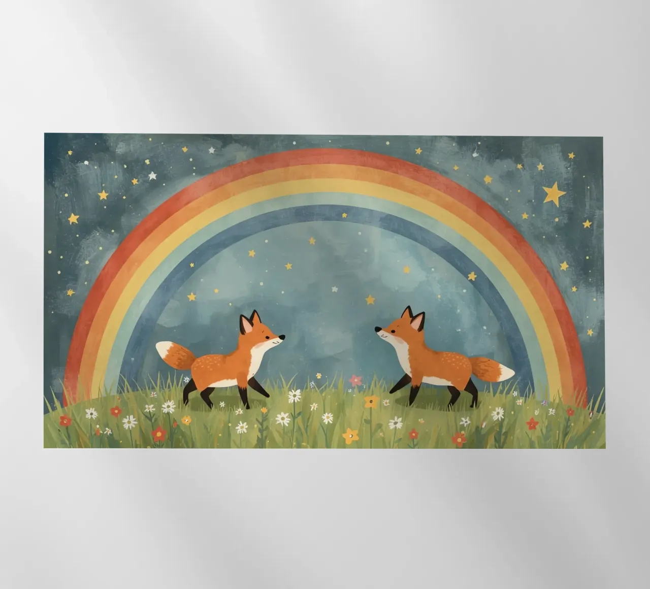 Due volpi felici e carine sotto l'arcobaleno e le stelle pellicola backlit da DesignDoodle